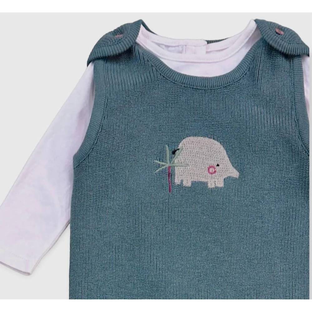 NEW VIVERANO ORGANICS kid's elephant embroidered knit overall set in teal blue - Picture 2 of 2